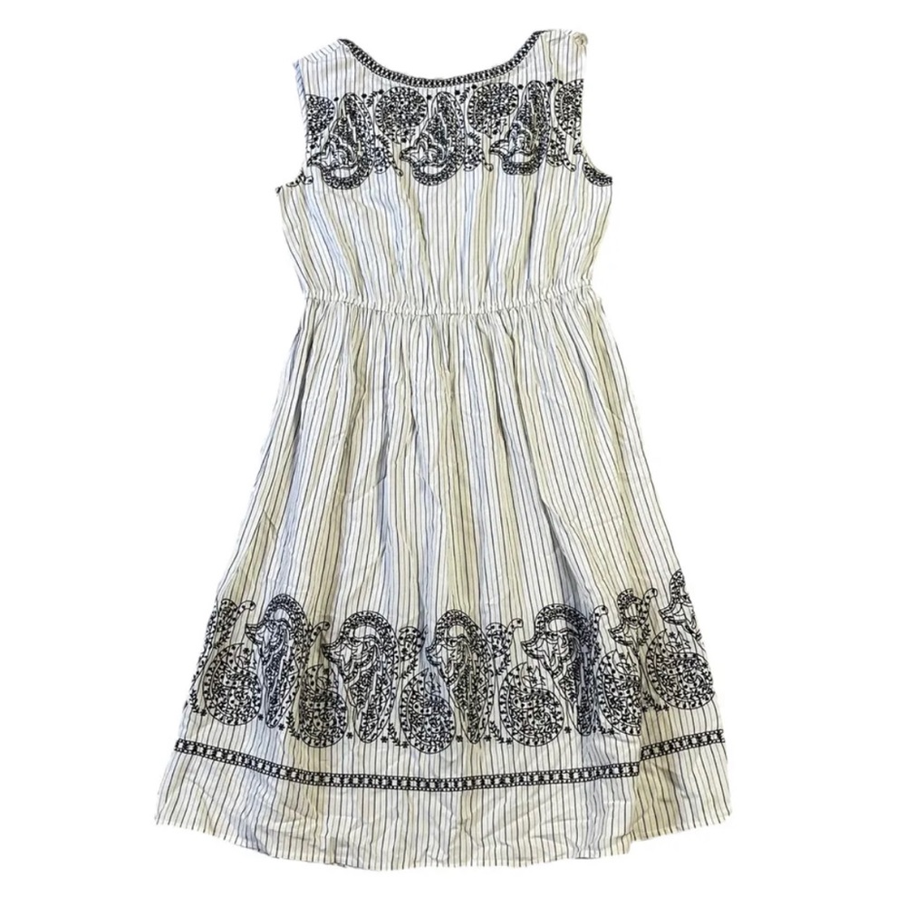 M - Women's LOFT Striped Embroidered Dress Black White Cinched Waist